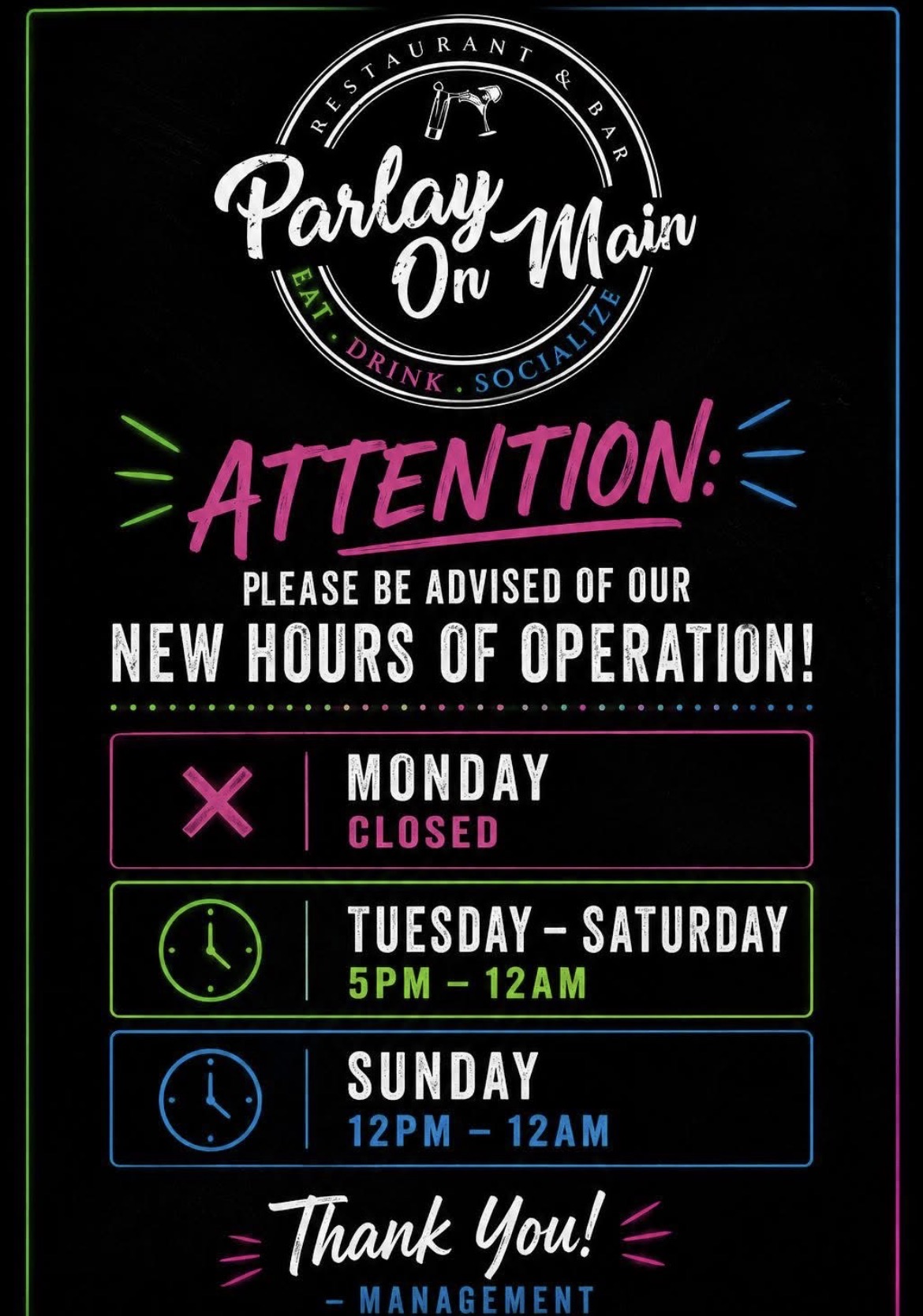 Parlay on Main — Hours of Operation